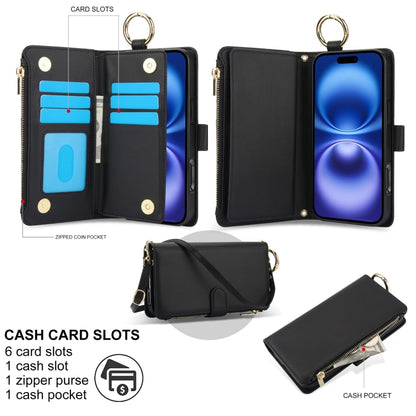 For iPhone 16 Crossbody Ring Multifunctional Wallet Leather Phone Case(Black) - iPhone 16 Cases by buy2fix | Online Shopping UK | buy2fix