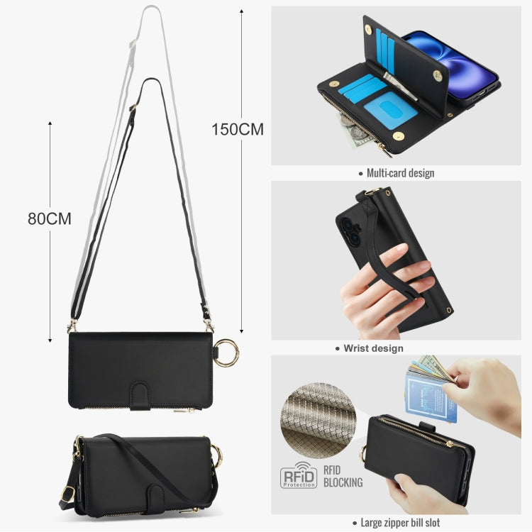 For iPhone 16 Crossbody Ring Multifunctional Wallet Leather Phone Case(Black) - iPhone 16 Cases by buy2fix | Online Shopping UK | buy2fix