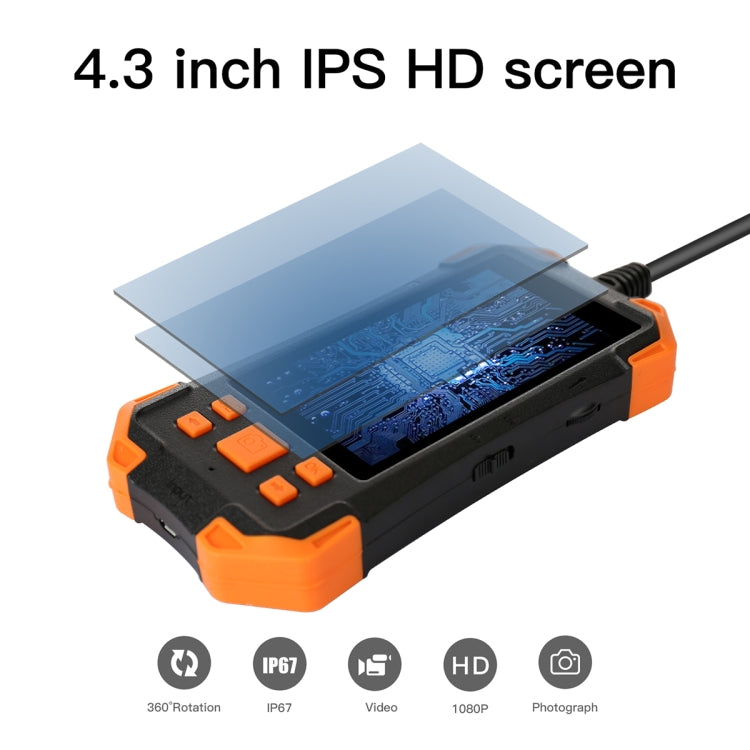 T20 4.3 inch IPS Screen 7.9mm Triple Camera IP67 Waterproof Hard Cable Digital Endoscope, Length:1m(Black Orange) -  by buy2fix | Online Shopping UK | buy2fix