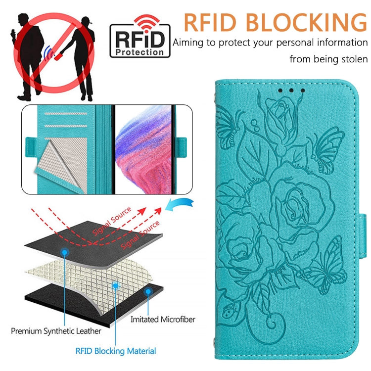 For Samsung Galaxy S25+ 5G Embossed Rose RFID Anti-theft Leather Phone Case(Light Blue) - Galaxy S25+ 5G Cases by buy2fix | Online Shopping UK | buy2fix