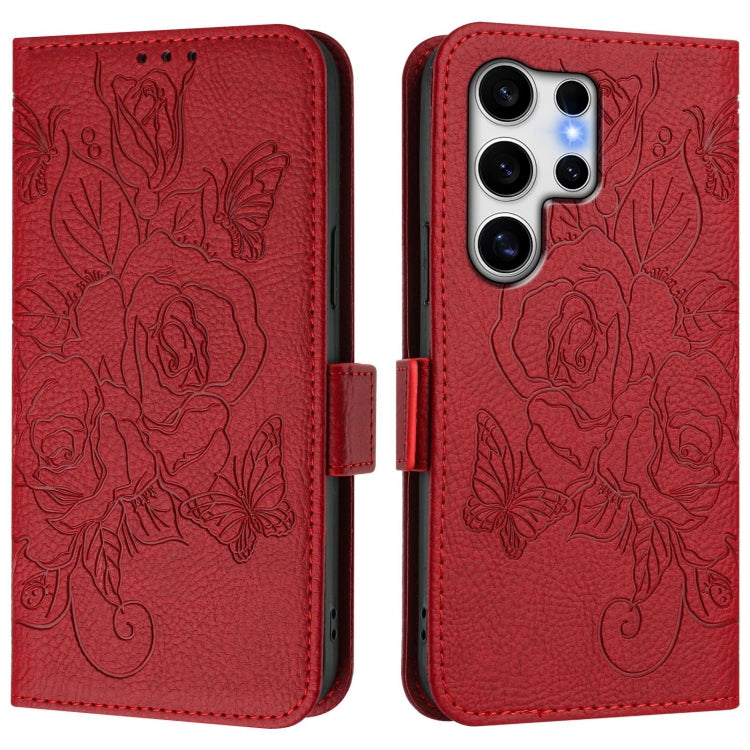 For Samsung Galaxy S25 Ultra 5G Embossed Rose RFID Anti-theft Leather Phone Case(Red) - Galaxy S25 Ultra 5G Cases by buy2fix | Online Shopping UK | buy2fix