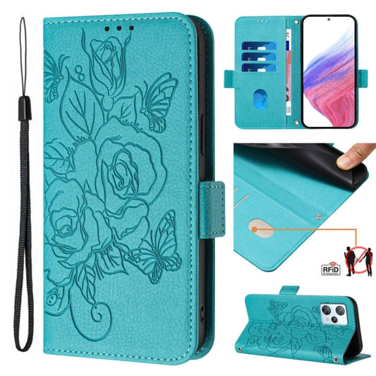 For Blackview A53 Embossed Rose RFID Anti-theft Leather Phone Case(Light Blue) - More Brand by buy2fix | Online Shopping UK | buy2fix