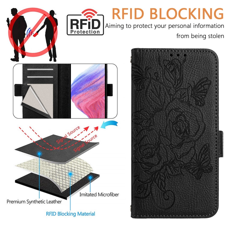 For Blackview A53 Embossed Rose RFID Anti-theft Leather Phone Case(Black) - More Brand by buy2fix | Online Shopping UK | buy2fix