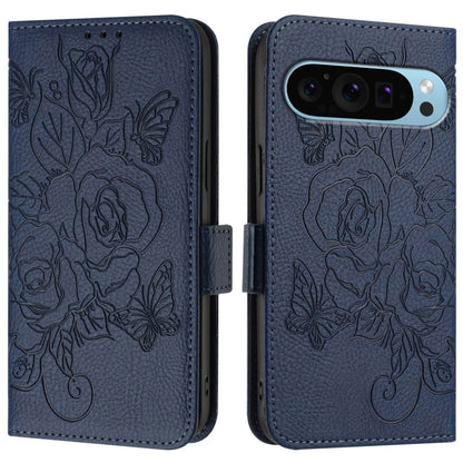 For Google Pixel 9 / 9 Pro Embossed Rose RFID Anti-theft Leather Phone Case(Dark Blue) - Google Cases by buy2fix | Online Shopping UK | buy2fix