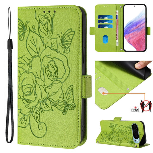 For Google Pixel 9 Pro XL Embossed Rose RFID Anti-theft Leather Phone Case(Green) - Google Cases by buy2fix | Online Shopping UK | buy2fix