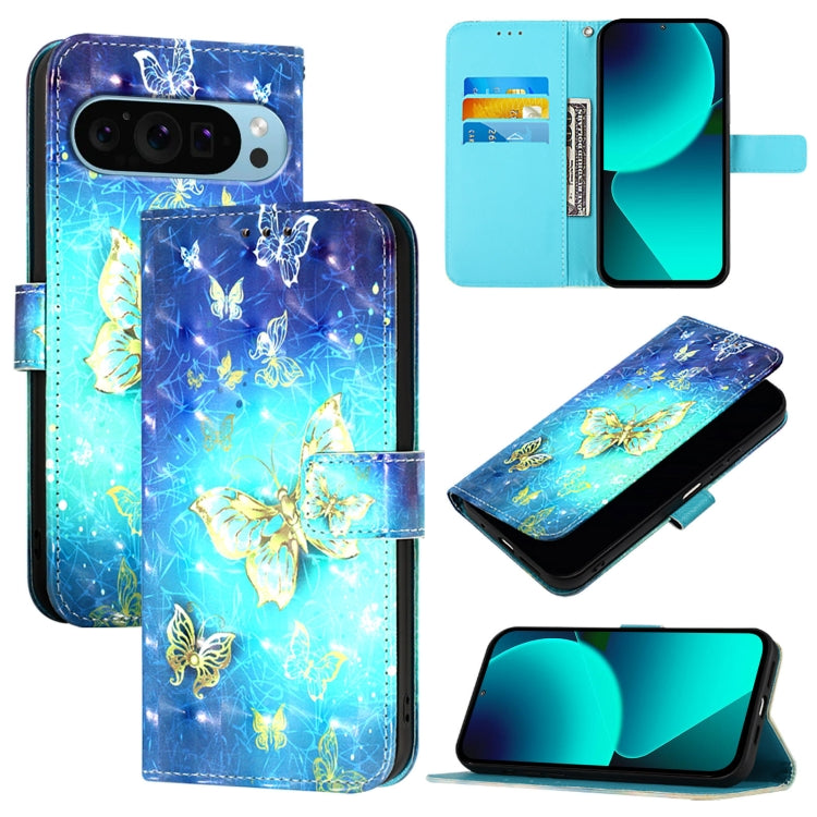 For Google Pixel 9 3D Painting Horizontal Flip Leather Phone Case(Golden Butterfly) - Google Cases by buy2fix | Online Shopping UK | buy2fix