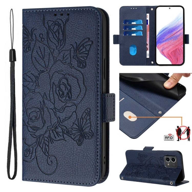 For Motorola Moto G Stylus 5G 2024 Embossed Rose RFID Anti-theft Leather Phone Case(Dark Blue) - Motorola Cases by buy2fix | Online Shopping UK | buy2fix