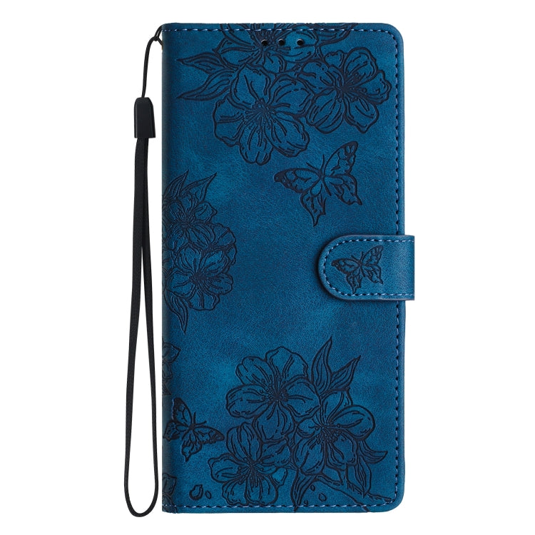 For Samsung Galaxy S25 5G Cherry Blossom Butterfly Skin Feel Embossed PU Phone Case(Blue) - Galaxy S25 5G Cases by buy2fix | Online Shopping UK | buy2fix