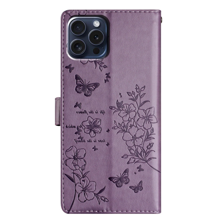 For iPhone 16 Pro Max Butterflies and Flowers Leather Phone Case(Purple) - iPhone 16 Pro Max Cases by buy2fix | Online Shopping UK | buy2fix