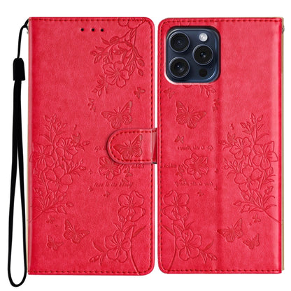 For iPhone 16 Pro Butterflies and Flowers Leather Phone Case(Red) - iPhone 16 Pro Cases by buy2fix | Online Shopping UK | buy2fix