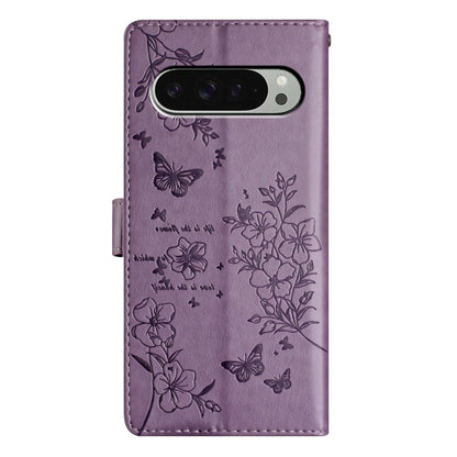 For Google Pixel 9 / 9 Pro Butterflies and Flowers Leather Phone Case(Purple) - Google Cases by buy2fix | Online Shopping UK | buy2fix