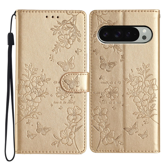 For Google Pixel 9 Pro XL Butterflies and Flowers Leather Phone Case(Gold) - Google Cases by buy2fix | Online Shopping UK | buy2fix