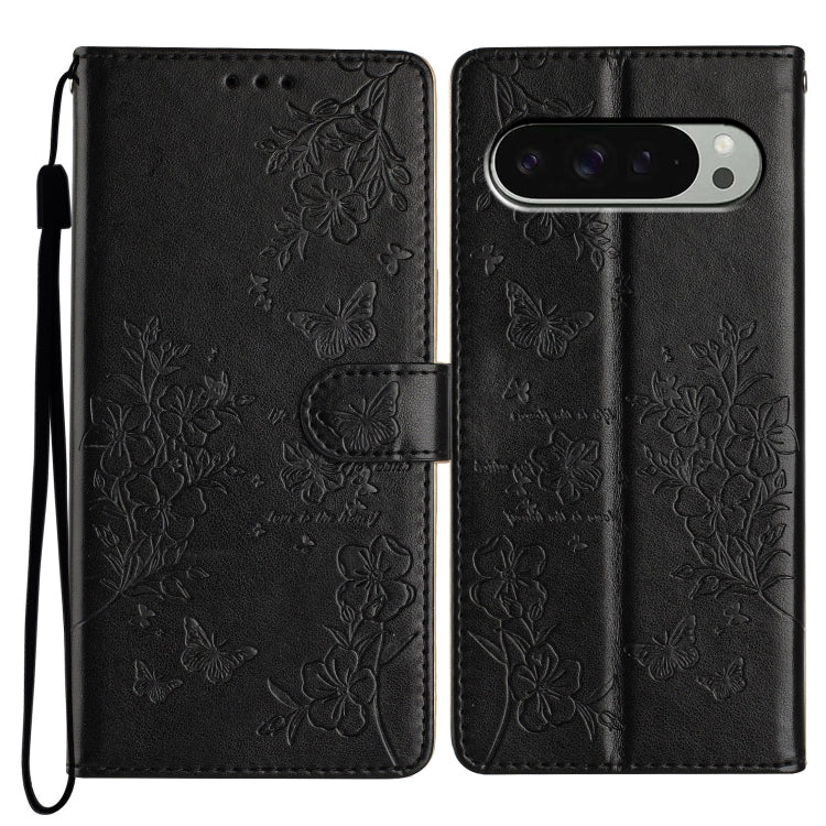 For Google Pixel 9 Pro XL Butterflies and Flowers Leather Phone Case(Black) - Google Cases by buy2fix | Online Shopping UK | buy2fix