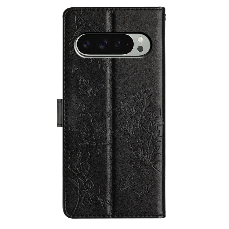 For Google Pixel 9 Pro XL Butterflies and Flowers Leather Phone Case(Black) - Google Cases by buy2fix | Online Shopping UK | buy2fix