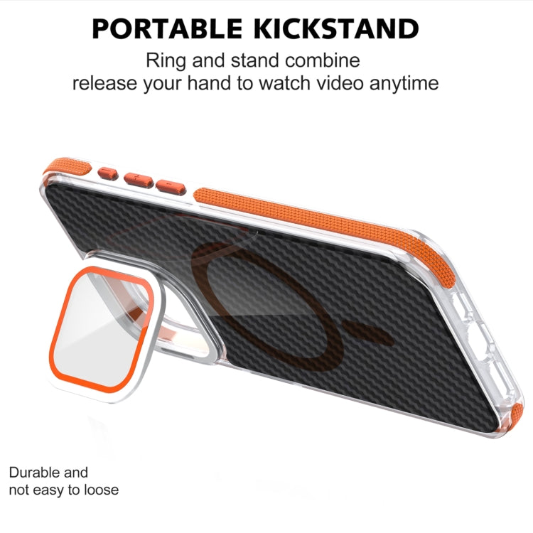 For iPhone 16 Magsafe Dual-Color Carbon Fiber Lens Film Phone Case with Lens Fold Holder(Orange) - iPhone 16 Cases by buy2fix | Online Shopping UK | buy2fix