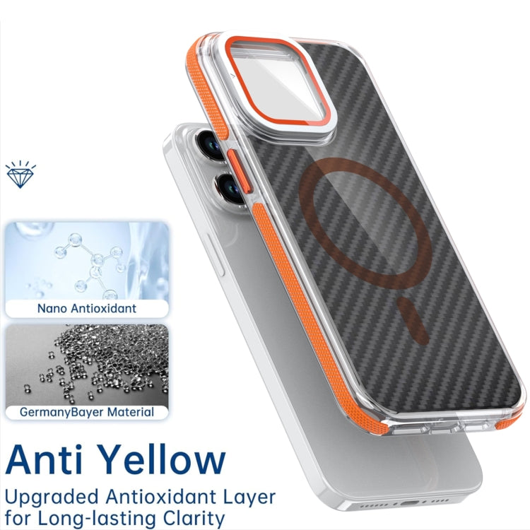 For iPhone 16 Pro Magsafe Dual-Color Carbon Fiber Lens Film Phone Case with Lens Fold Holder(Orange) - iPhone 16 Pro Cases by buy2fix | Online Shopping UK | buy2fix