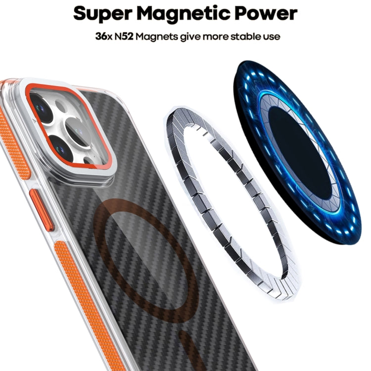 For iPhone 15 Pro Max Magsafe Dual-Color Carbon Fiber Lens Film Phone Case with Lens Fold Holder(Orange) - iPhone 15 Pro Max Cases by buy2fix | Online Shopping UK | buy2fix