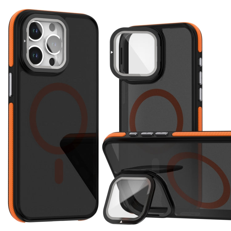 For iPhone 14 Pro Max Magsafe Dual-Color Skin Feel Lens Film Phone Case with Lens Fold Holder(Orange) - iPhone 14 Pro Max Cases by buy2fix | Online Shopping UK | buy2fix