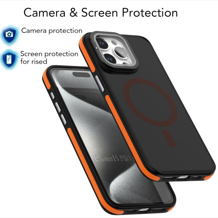 For iPhone 16 Plus Magsafe Dual-Color Skin Feel Lens Film Phone Case with Lens Fold Holder(Gray) - iPhone 16 Plus Cases by buy2fix | Online Shopping UK | buy2fix