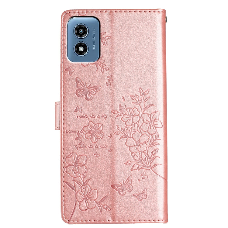 For Motorola Moto G Play 5G 2024 Butterflies and Flowers Leather Phone Case(Rose Gold) - Motorola Cases by buy2fix | Online Shopping UK | buy2fix