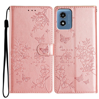 For Motorola Moto G Play 2024 Butterflies and Flowers Leather Phone Case(Rose Gold) - Motorola Cases by buy2fix | Online Shopping UK | buy2fix