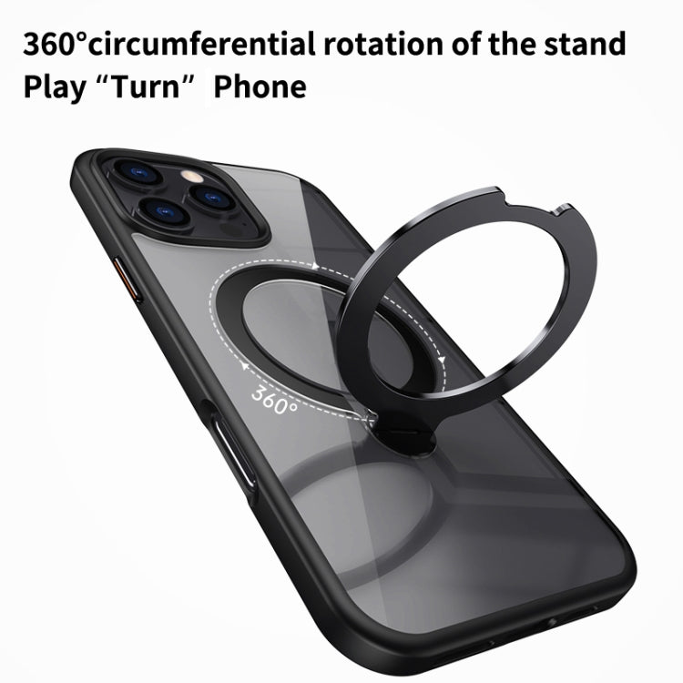 For iPhone 16 Transparent MagSafe Magnetic Rotating Ring Holder Phone Case(Black) - iPhone 16 Cases by buy2fix | Online Shopping UK | buy2fix