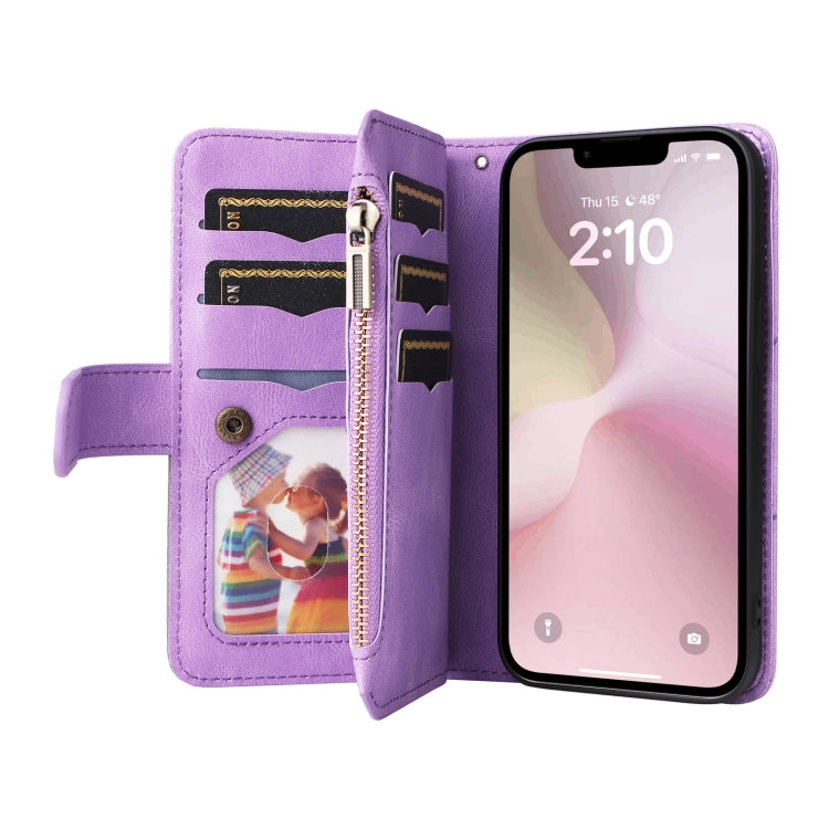 For iPhone SE 2024 Dual-color 9 Card Slots Zipper Wallet Leather Phone Case(Purple) - More iPhone Cases by buy2fix | Online Shopping UK | buy2fix