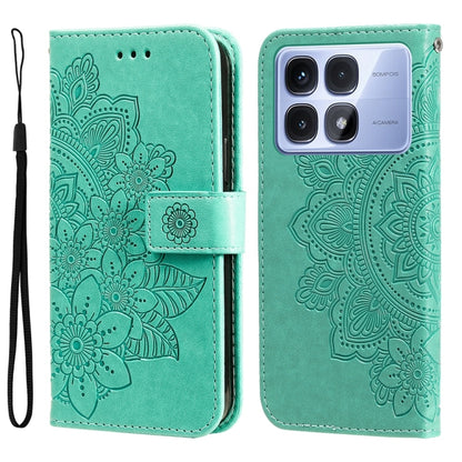 For Redmi K70 Ultra Seven-petal Flowers Embossing Leather Phone Case(Green) - Xiaomi Cases by buy2fix | Online Shopping UK | buy2fix