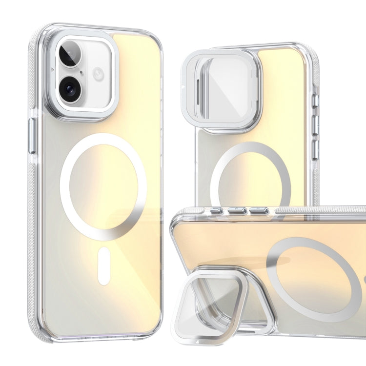 For iPhone 16 Plus MagSafe Gradient Color Lens Film Phone Case with Lens Fold Holder(White) - iPhone 16 Plus Cases by buy2fix | Online Shopping UK | buy2fix