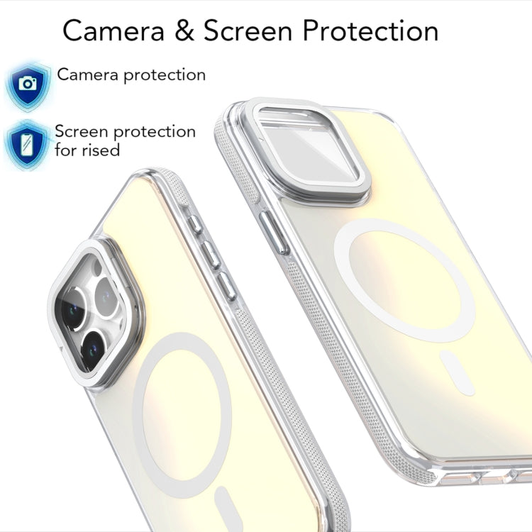 For iPhone 16 MagSafe Gradient Color Lens Film Phone Case with Lens Fold Holder(White) - iPhone 16 Cases by buy2fix | Online Shopping UK | buy2fix