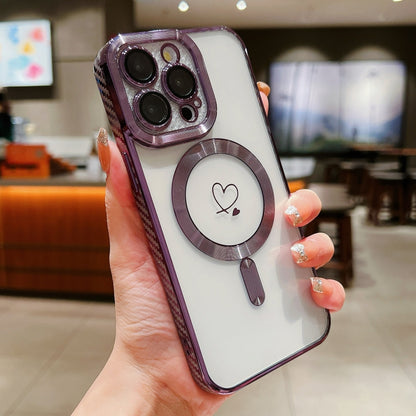 For iPhone 15 Pro Loves Carbon Fiber Clear Plated Magsafe TPU Phone Case(Purple) - iPhone 15 Pro Cases by buy2fix | Online Shopping UK | buy2fix