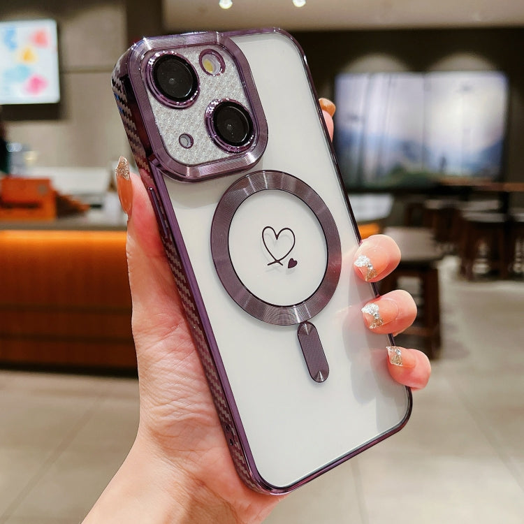 For iPhone 14 Loves Carbon Fiber Clear Plated Magsafe TPU Phone Case(Purple) - iPhone 14 Cases by buy2fix | Online Shopping UK | buy2fix