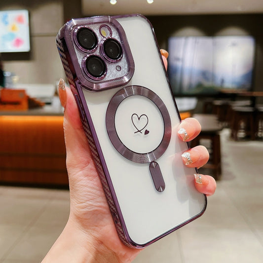 For iPhone 11 Pro Max Loves Carbon Fiber Clear Plated Magsafe TPU Phone Case(Purple) - iPhone 11 Pro Max Cases by buy2fix | Online Shopping UK | buy2fix