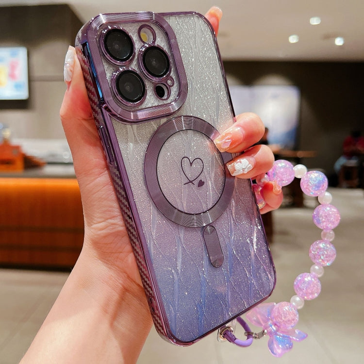 For iPhone 15 Pro Max Loves Leaves Gradient Glitter Bracelets Carbon Fiber Magsafe TPU Phone Case(Purple) - iPhone 15 Pro Max Cases by buy2fix | Online Shopping UK | buy2fix