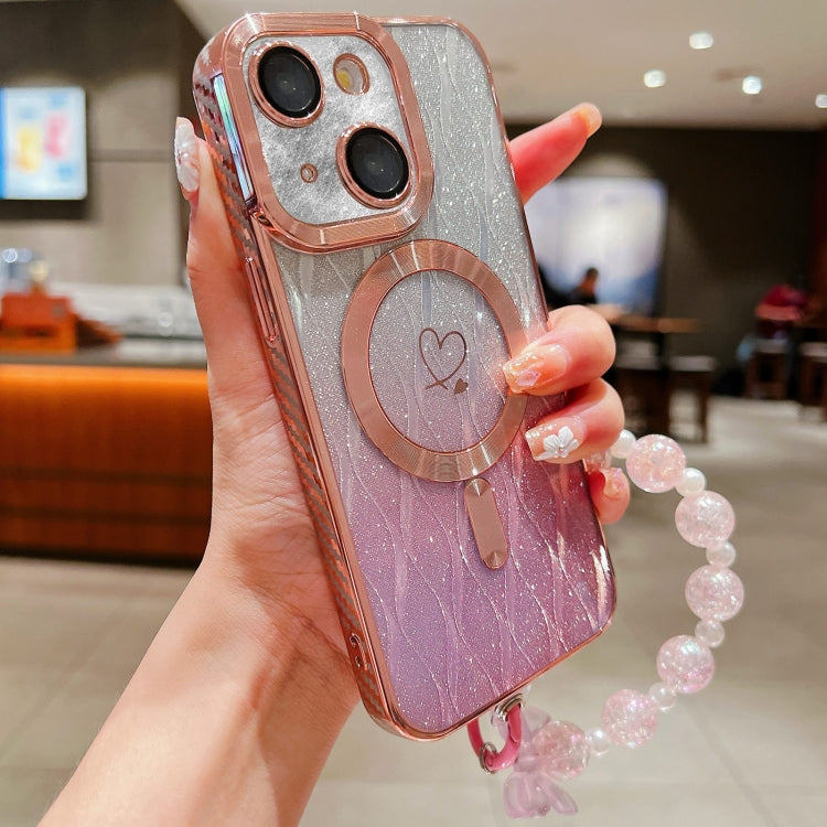 For iPhone 14 Loves Leaves Gradient Glitter Bracelets Carbon Fiber Magsafe TPU Phone Case(Pink) - iPhone 14 Cases by buy2fix | Online Shopping UK | buy2fix