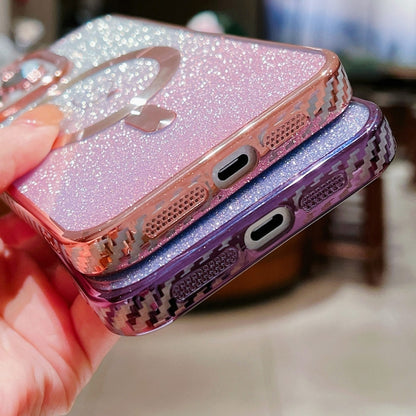 For iPhone 12 Loves Gradient Glitter Carbon Fiber Magsafe TPU Phone Case(Pink) - iPhone 12 / 12 Pro Cases by buy2fix | Online Shopping UK | buy2fix