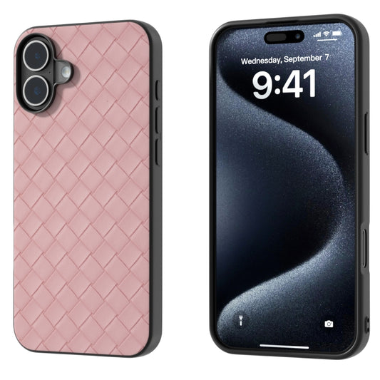 For iPhone 16 Black Frame Woven Texture PU Phone Case(Pink) - iPhone 16 Cases by buy2fix | Online Shopping UK | buy2fix