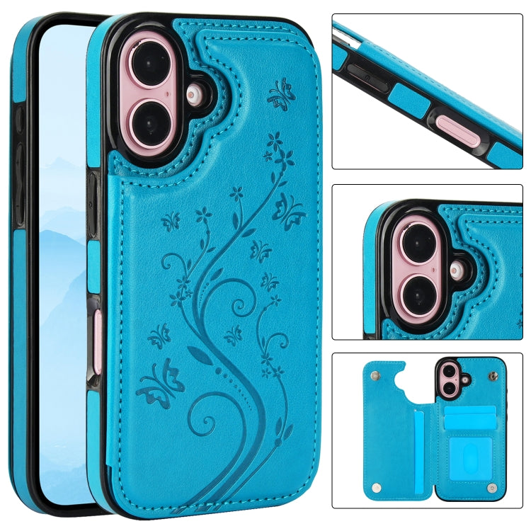 For iPhone 16 Plus Double Buckle Butterfly Embossing PU Phone Case(Blue) - iPhone 16 Plus Cases by buy2fix | Online Shopping UK | buy2fix