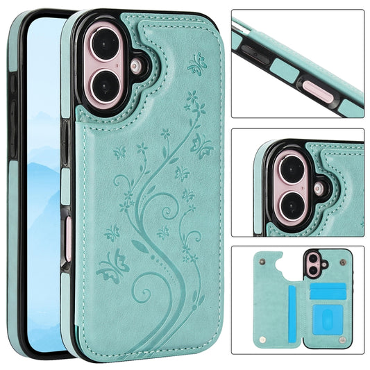 For iPhone 16 Double Buckle Butterfly Embossing PU Phone Case(Green) - iPhone 16 Cases by buy2fix | Online Shopping UK | buy2fix