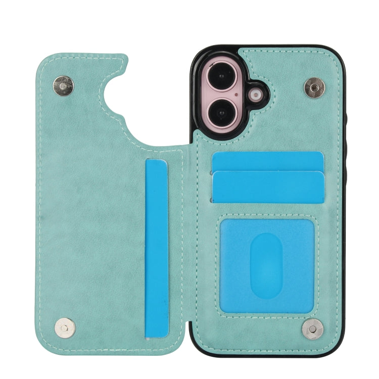 For iPhone 16 Double Buckle Butterfly Embossing PU Phone Case(Green) - iPhone 16 Cases by buy2fix | Online Shopping UK | buy2fix