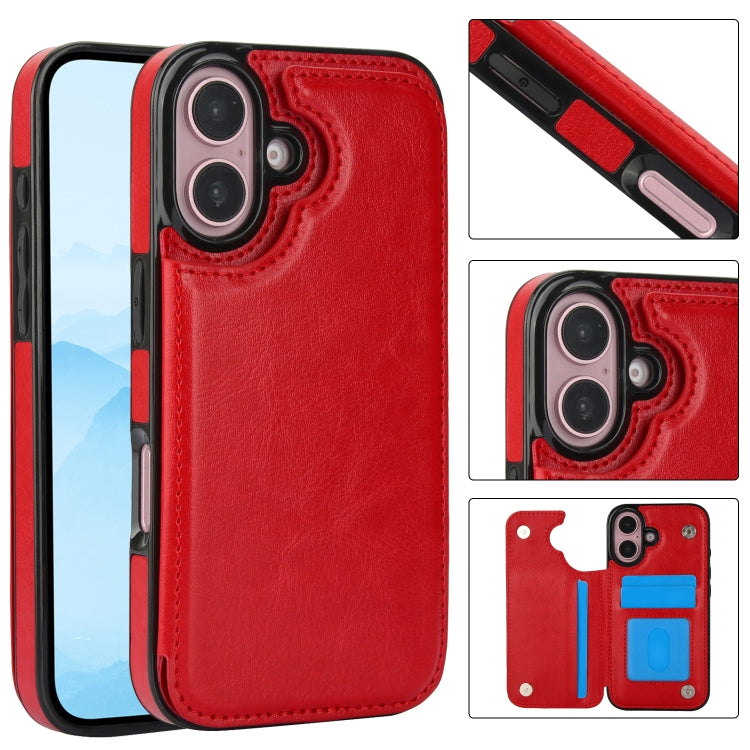 For iPhone 16 Double Buckle Crazy Horse Texture PU Phone Case(Red) - iPhone 16 Cases by buy2fix | Online Shopping UK | buy2fix