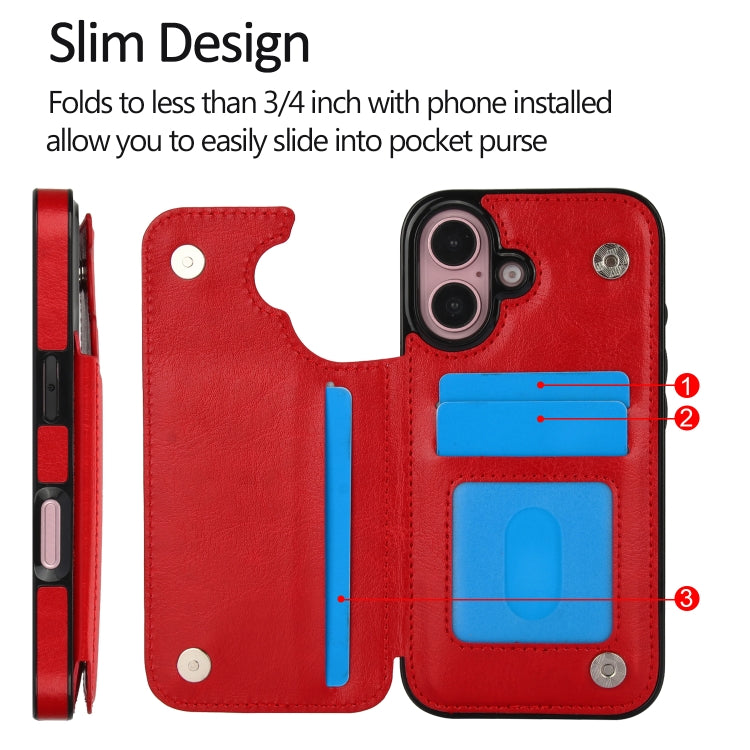 For iPhone 16 Double Buckle Crazy Horse Texture PU Phone Case(Red) - iPhone 16 Cases by buy2fix | Online Shopping UK | buy2fix