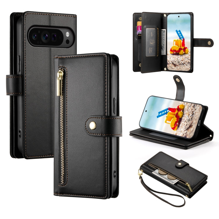 For Google Pixel 9 Pro XL Nine Card-slot Zipper Wallet Bag Leather Phone Case(Black) - Google Cases by buy2fix | Online Shopping UK | buy2fix