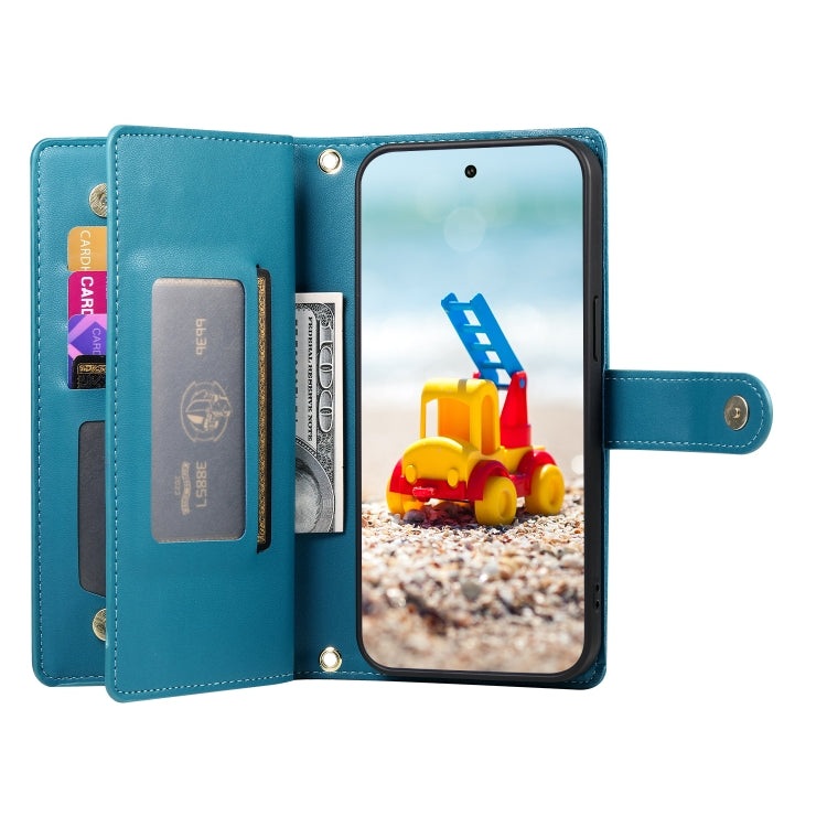 For Google Pixel 9 Pro XL Nine Card-slot Zipper Wallet Bag Leather Phone Case(Blue) - Google Cases by buy2fix | Online Shopping UK | buy2fix