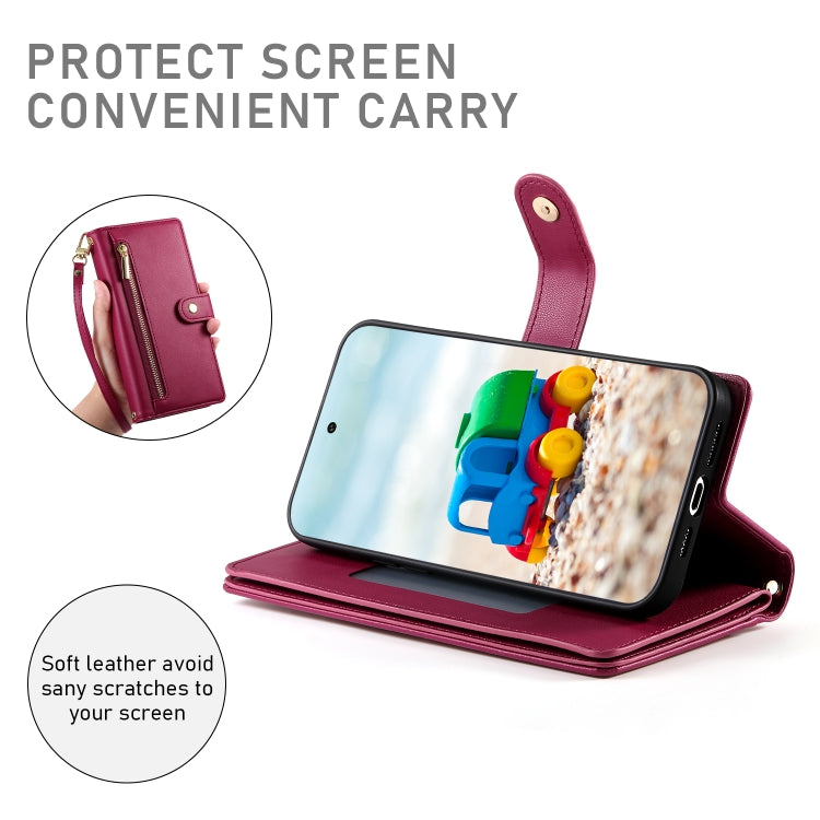 For Google Pixel 9 / 9 Pro Nine Card-slot Zipper Wallet Bag Leather Phone Case(Red) - Google Cases by buy2fix | Online Shopping UK | buy2fix