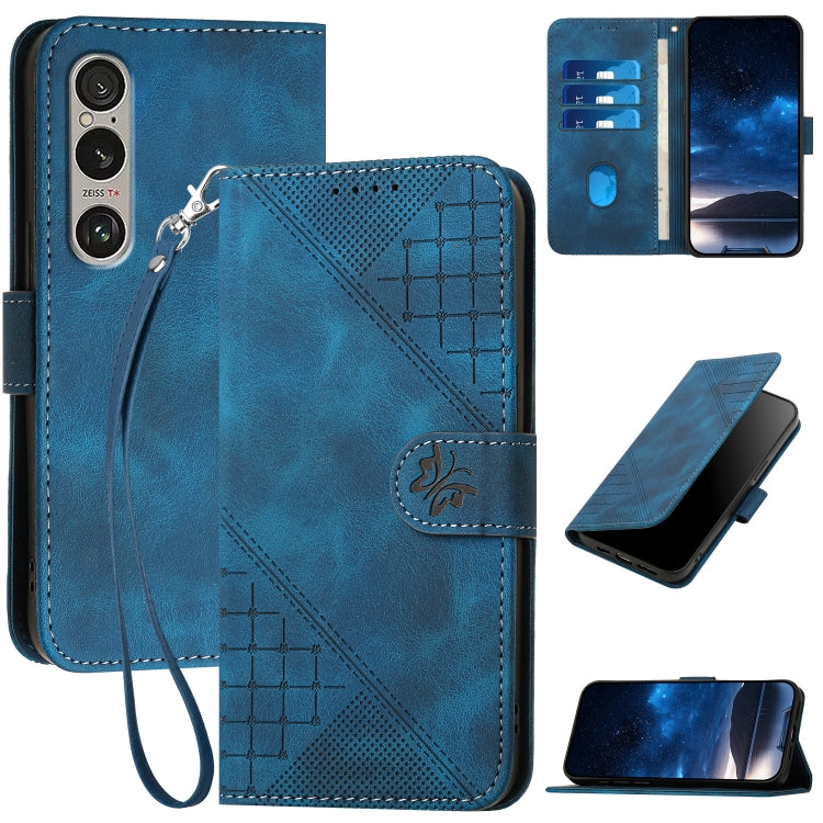 For Sony Xperia 1 VI 2024 YX0080 Grid Butterfly Embossed Pattern Flip Leather Phone Case with Lanyard(Dark Blue) - Sony Cases by buy2fix | Online Shopping UK | buy2fix