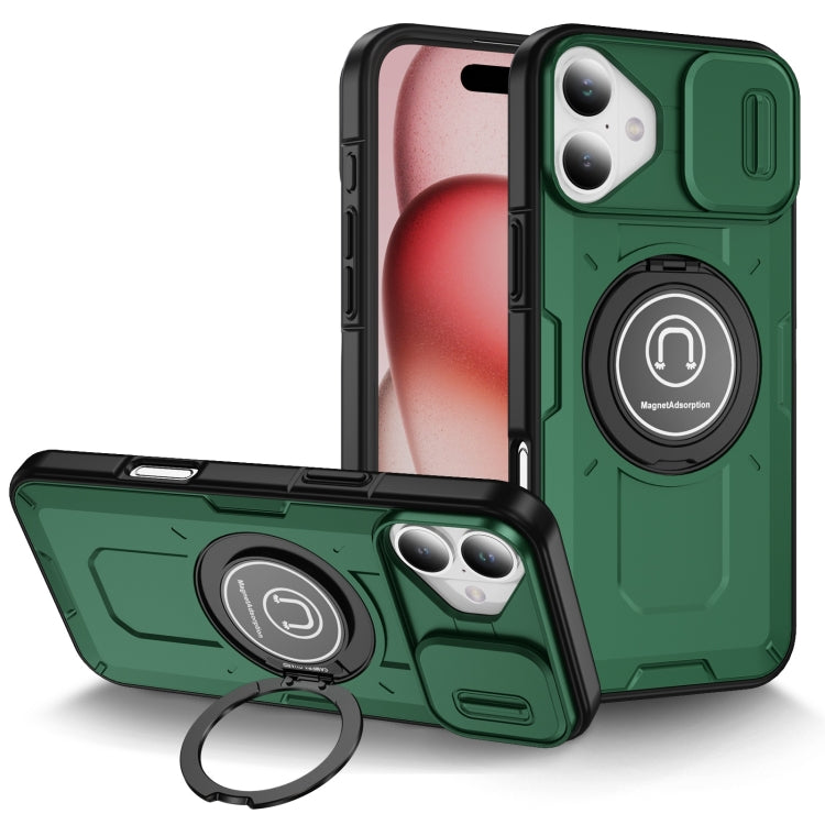 For iPhone 16 Sliding Camshield TPU Hybrid PC Magnetic Holder Phone Case(Dark Green) - iPhone 16 Cases by buy2fix | Online Shopping UK | buy2fix