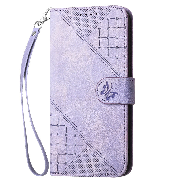 For iPhone 16 Pro Max YX0080 Grid Butterfly Embossed Pattern Flip Leather Phone Case with Lanyard(Light Purple) - iPhone 16 Pro Max Cases by buy2fix | Online Shopping UK | buy2fix