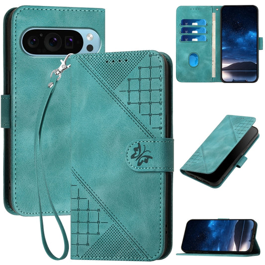 For Google Pixel 9 / 9 Pro YX0080 Grid Butterfly Embossed Pattern Flip Leather Phone Case with Lanyard(Light Blue) - Google Cases by buy2fix | Online Shopping UK | buy2fix