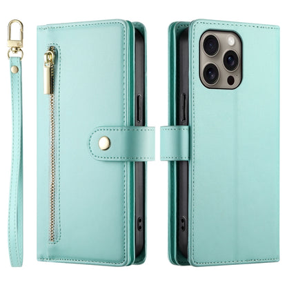 For iPhone 16 Pro Nine Card-slot Zipper Wallet Bag Leather Phone Case(Mint Green) - iPhone 16 Pro Cases by buy2fix | Online Shopping UK | buy2fix